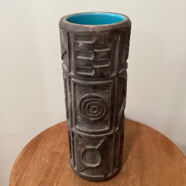Mid-Century Modern Rare Mid Century Modern Art Pottery Numbered Cylindrical Vase W/Hand Carved Geometric Disign by R. M. Italy For Sale - Image 3 of 12