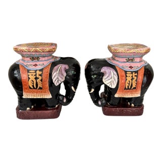 1960s Vintage Chinese Porcelain Ceramic Hand Painted Elephant Garden Stools - A Pair For Sale