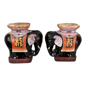 1960s Vintage Chinese Porcelain Ceramic Hand Painted Elephant Plant Stands - A Pair