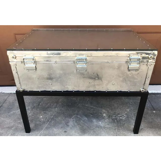 Mid 20th Century Japanese Post War Aluminum Riveted Trunk on Iron Stand With Glass Top, Restored For Sale - Image 11 of 12