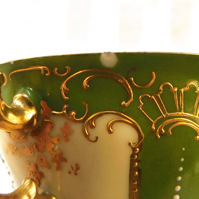 1930s Dresden Covered Two Handle Dessert Cup and Underplate With Raised Gold Trim For Sale - Image 10 of 18
