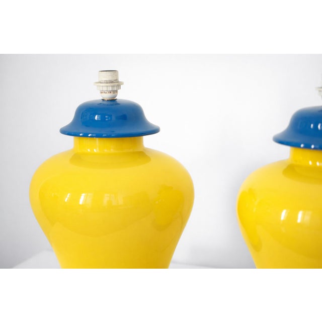 Ceramic French Yellow and Cobalt Blue Glazed Ceramic Table Lamps, 20th Century, Set of 2 For Sale - Image 7 of 11