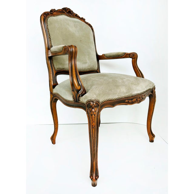 Late 20th Century Late 20th Century Italian Chateau d'Ax Carved Armchairs in Suede With Brass NailHeads, Pair For Sale - Image 5 of 16