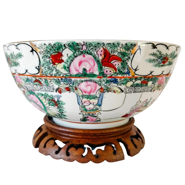 1970s Chinese Rose Medallion Hand-Painted Porcelain Punch Bowl With Carved Wood Stand For Sale - Image 10 of 13
