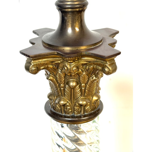 Neoclassical Early 20th Century Baccarat Attributed Gilt Bronze and Spiral Crystal Corinthian Column Lamps - a Pair For Sale - Image 3 of 13