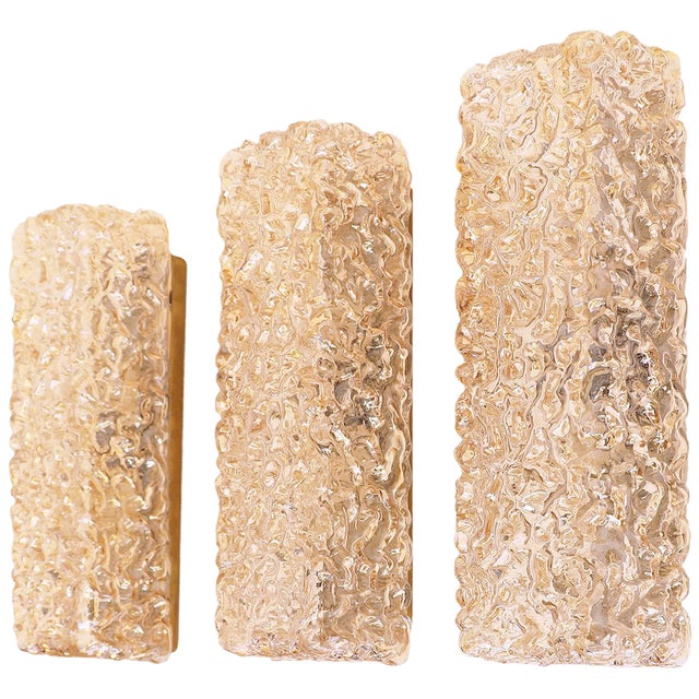 German Amber Wall Sconces in Glass & Brass by Helena Tynell, 1960s, Set of 3 For Sale