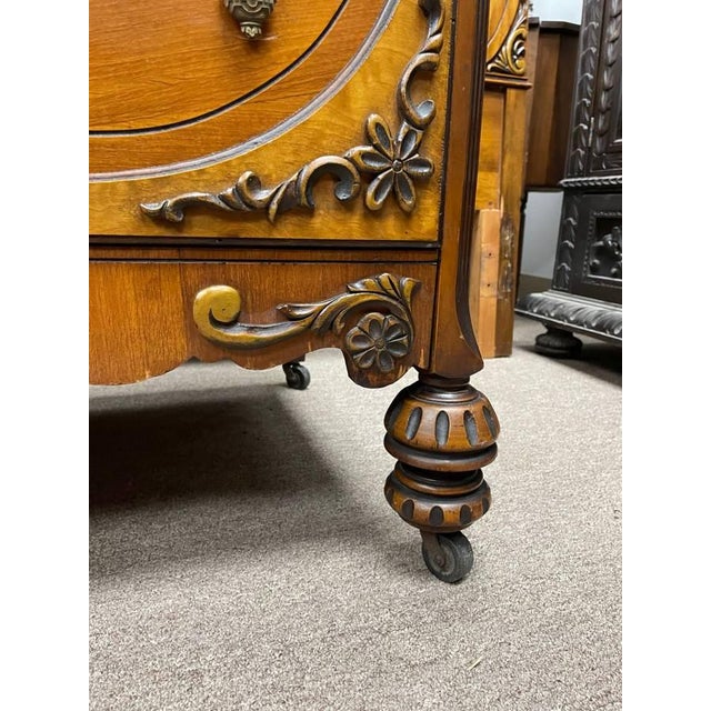 Antique 1930's Bedroom Mirrored Dresser, Hand Carved Walnut, Burl Inlay, Beveled Glass, 5 Drawers For Sale - Image 11 of 15