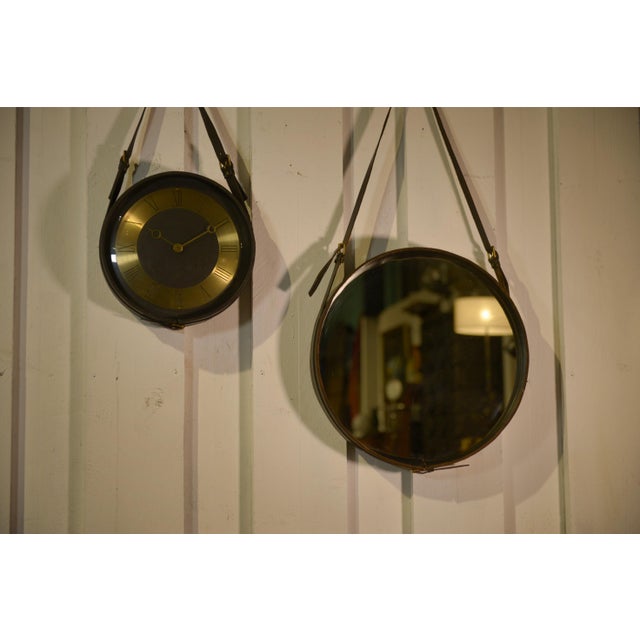 Black Leather and Brass Clock by Jacques Adnet, 1950s For Sale - Image 9 of 11