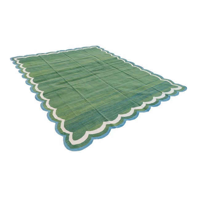 Not Yet Made - Made To Order Handmade Cotton Reversible Scalloped Edge Rug Forest Green With Cream and Teal Blue Border - 9'x12' For Sale