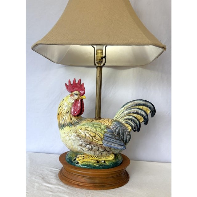 French Country Vintage Large Ceramic Rooster Lamp on Wood Base For Sale - Image 3 of 17