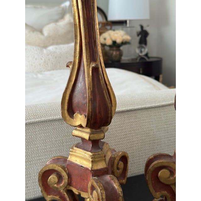 Red Pair of Antique Italian Giltwood Candlesticks With Red Painted Finish For Sale - Image 8 of 10