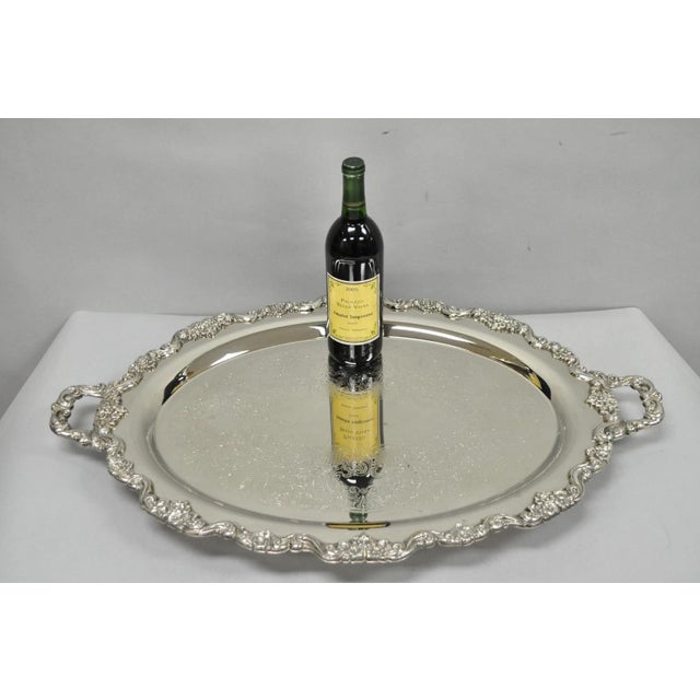 Vintage Extra Large Oval Silver Plated Victorian Style Serving Platter Bar Tray w/ Smoked Finish, Raised on Feet. Circa...