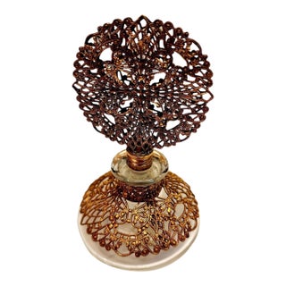 Vintage Ormolu Filigree Perfume Bottle Ornate Metalwork Over Glass Vanity Decor For Sale