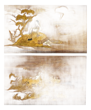 Vintage Indo Indian Marquetry & Bone Inlay Rosewood Panel Plaque - a Pair