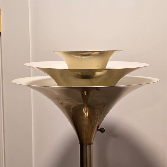 1970s Vintage Art Deco/Mid Century Modern Torchiere Brass-Finish Floor Lamp For Sale - Image 5 of 8