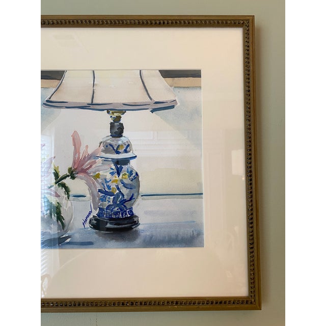 1980s Blue and White Ginger Jar Lamp Still Life Original Watercolor Painting, Framed For Sale - Image 9 of 10