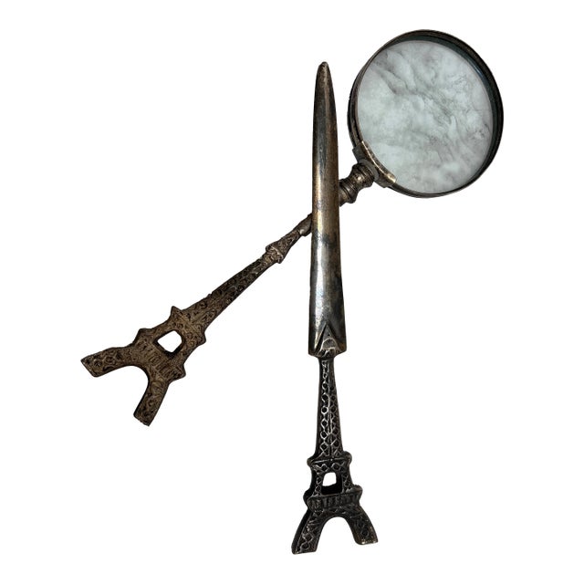 Vintage Eiffel Tower Patterned Pewter Letter Opener and Magnifying Glass, Set of Two For Sale