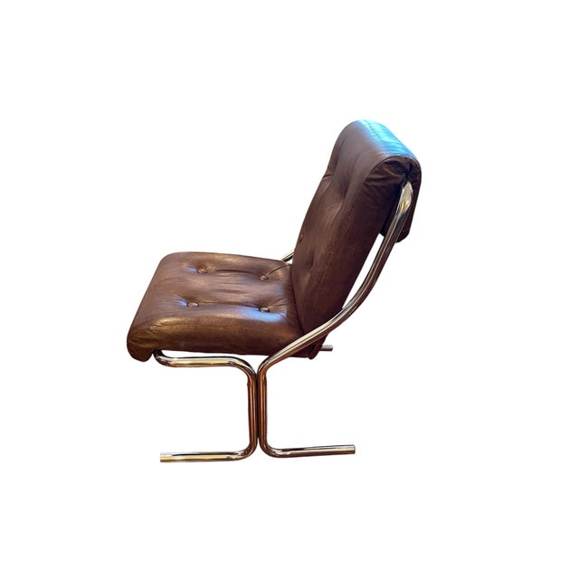 Brown Vintage 1970s 70s Cantilever Chrome Leatherette Dining Chairs – Milo Baughman Style Studio 54 Set of 4 For Sale - Image 8 of 10
