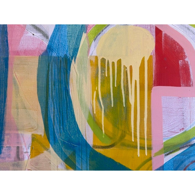 Large Contemporary Abstract Acrylic Painting – Teal, Coral & Yellow Drip Expressionism For Sale - Image 10 of 10