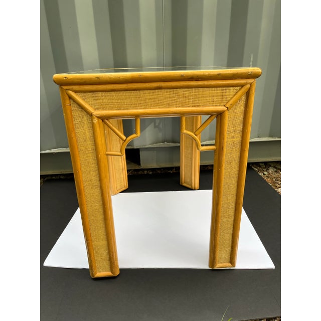 Hollywood Regency Bamboo and Grasscloth Covered Glass Top Side Table For Sale - Image 3 of 9