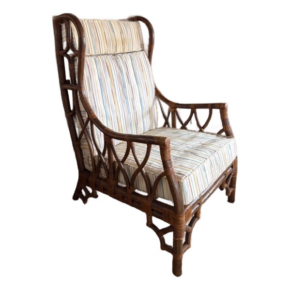 Mid Century Bamboo and Rattan Wingback Chair For Sale
