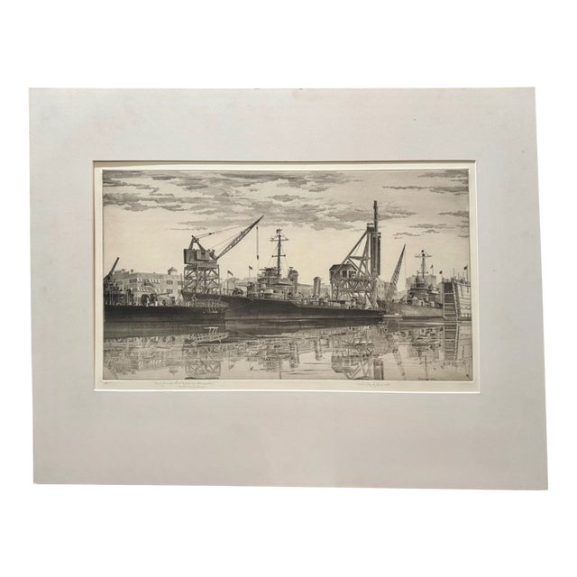 John Taylor Arms Wwii Navy Series Etching Destroyers in Wet Basin Federal Shipbuilding South Kearny For Sale