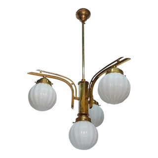Vintage Art Deco Brass Hanging Chandelier with Milk Glass Shade Lamp For Sale