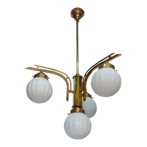 Vintage Art Deco Brass Hanging Chandelier with Milk Glass Shade Lamp