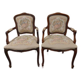 Louis XV Style Carved Wood Arm Chairs With Floral Tapestry Upholstry For Sale