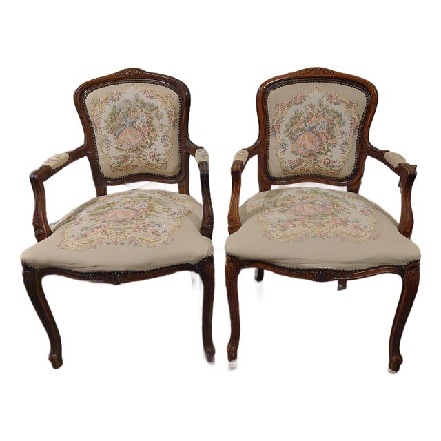 Louis XV Style Carved Wood Arm Chairs With Floral Tapestry Upholstry For Sale