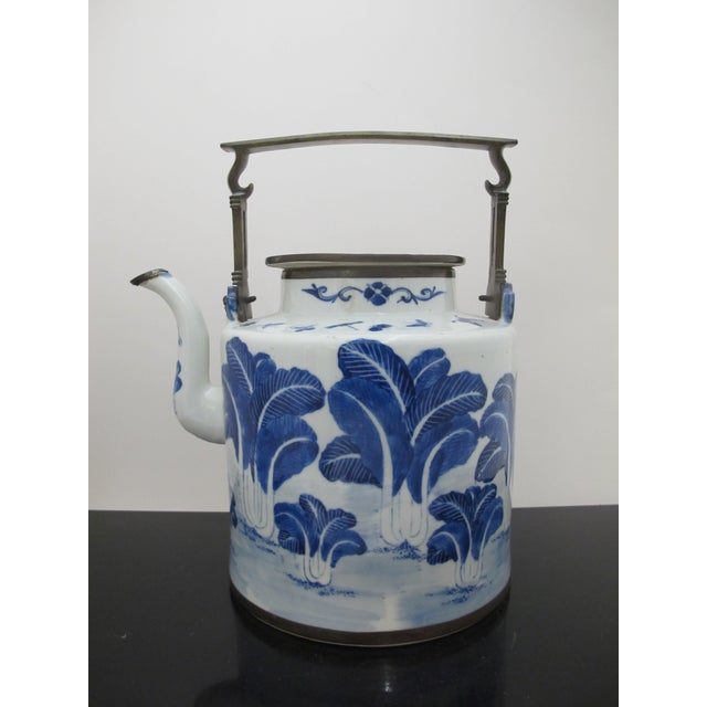 Qing Dynasty Blue and White Chinese Porcelain Lotus Flower & Butterfly Brass Handle Teapot For Sale - Image 10 of 11