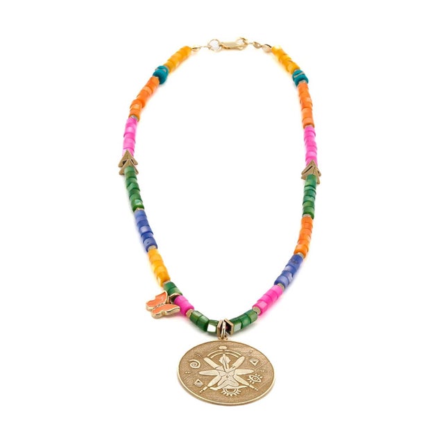 Contemporary Spiritual Symbol Gold Pendant Colorful Beaded Necklace For Sale - Image 3 of 8