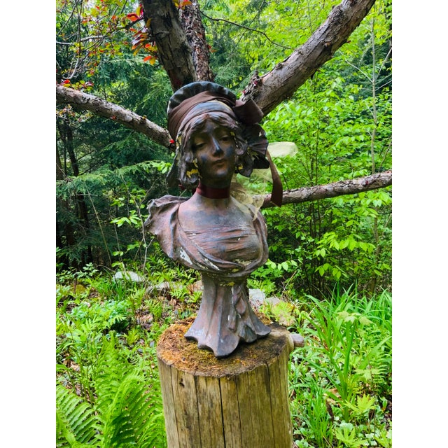 Brown Antique French Art Nouveau Cast Iron Bust of a "Coquette" After Pablo Rigual For Sale - Image 8 of 13