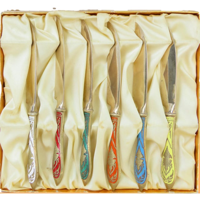 This beautiful set of brass enamel & tracery adorned knifes in satin lined box would add interest and grace to any table....