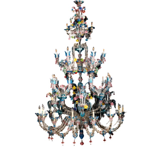 Murano Glass Chandelier with Multicolored Crystal in the style of Rezzonico, 1930s For Sale
