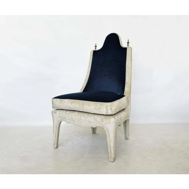 Unusually designed side or slipper chairs, American, 1960s. This stunning set has been recovered in a two-tone blue and...