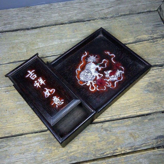 Vintage Chinese Rosewood Mother-of-Pearl Inlay Tea Tray With Sliding Compartment, Twin Foo Lions For Sale - Image 9 of 9