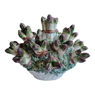 Stylish and Unusual Italian Majolica Centerpiece of Asparagus Sitting in a Basket of Moss For Sale