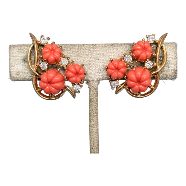 Vintage 1950s Signed Crown Trifari Goldtone Faux-Coral Melon Rhinestone Clip Earrings-2 Pieces For Sale