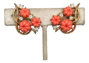 Vintage 1950s Signed Crown Trifari Goldtone Faux-Coral Melon Rhinestone Clip Earrings-2 Pieces