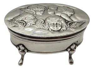Edwardian Sterling Silver Oval Trinket Box Raphael Angel Heads, Birmingham, 1912