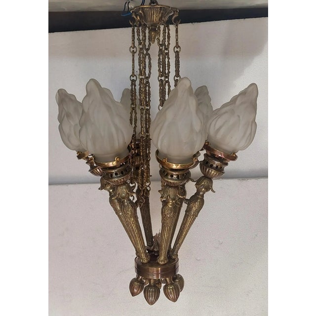 Vintage Art Deco Nouveau Mashaal 6 Light Chandelier in Brass & Frosted Glass Lamp For Sale - Image 6 of 6