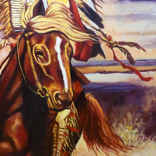 Reinhold, Indian Warrior on Horse, 2000s, Oil on Canvas For Sale - Image 4 of 7