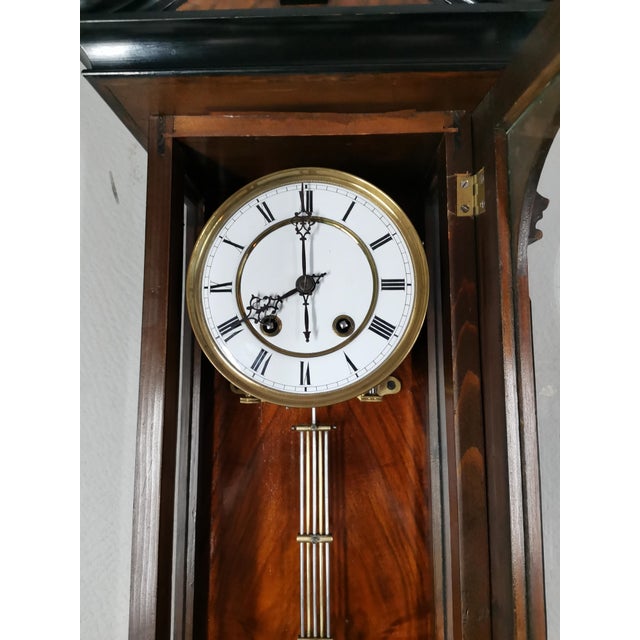 1885 Antique German Model 587 With Carved Black Columns Mechanical Wooden Wall Clock With Pendulum by Lenzkirch For Sale - Image 6 of 10