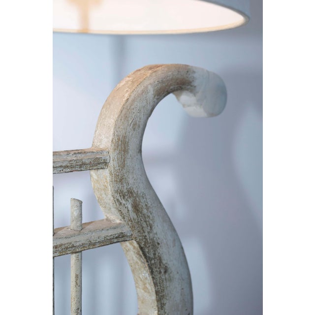 Wood 19th Century French Gustavian Lyre Table Lamp in Distressed Wood with Shade For Sale - Image 7 of 9