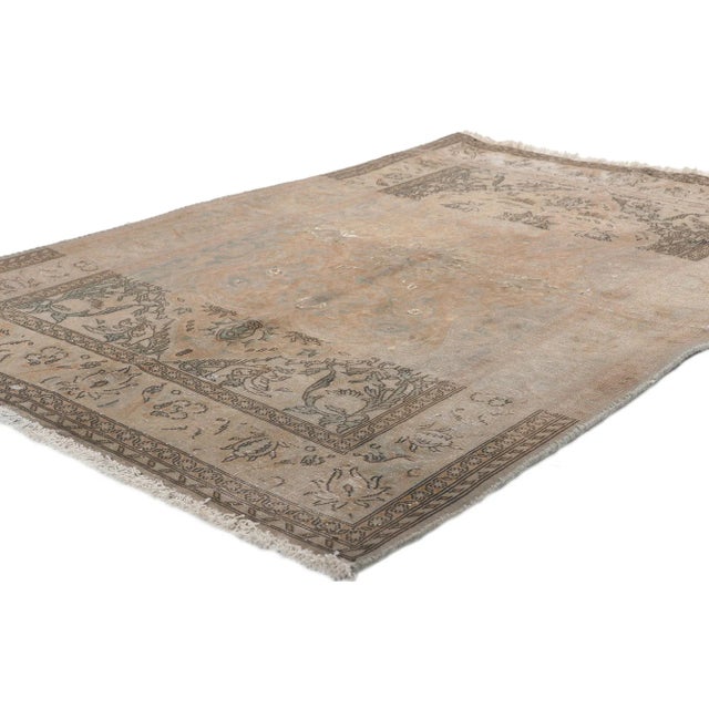 78574 Distressed Vintage Persian Kashan Rug, 03'05 x 05'03. Warm and spicy earth-tones meets modern luxe in this...