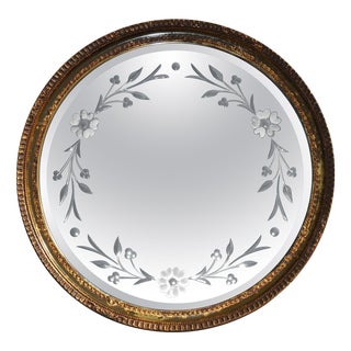 Venetian Etched Glass Frame Round Mirror with Gold Leaf Frame, 1930 For Sale