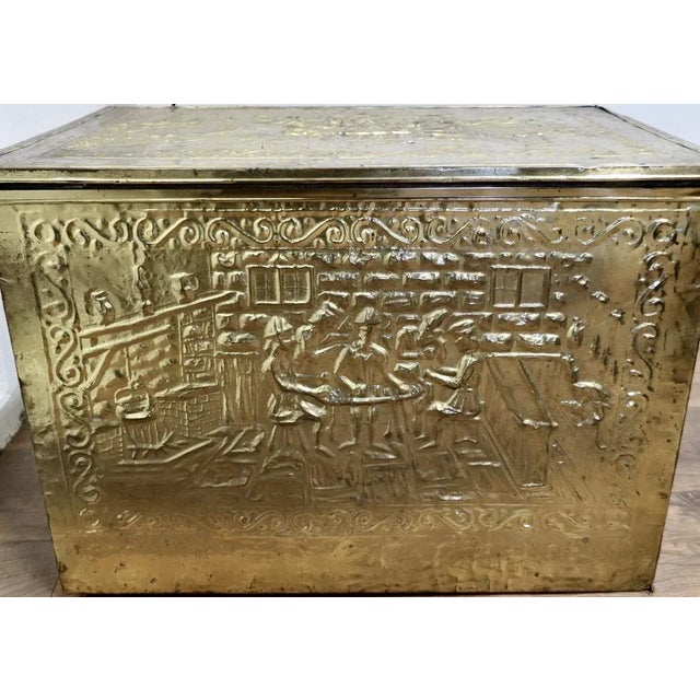 Metal Large Embossed Brass Log Box with Tavern Scenes, 1890s For Sale - Image 7 of 8