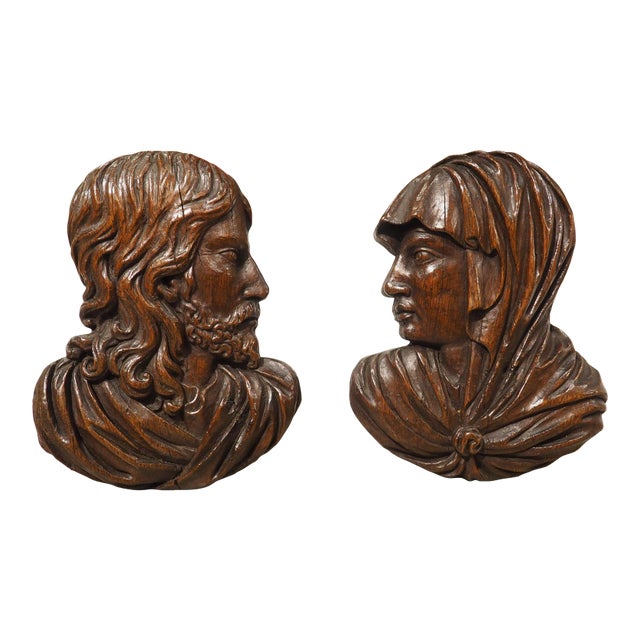 Set of 17th/18th Century French Carved Oak Renaissance Style Profile Busts For Sale
