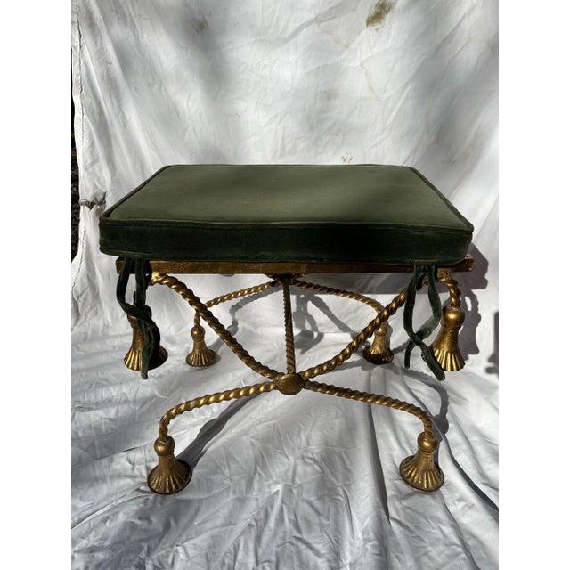 Hollywood Regency Vintage Gilt Metal Rope and Tassel Bench For Sale - Image 3 of 9